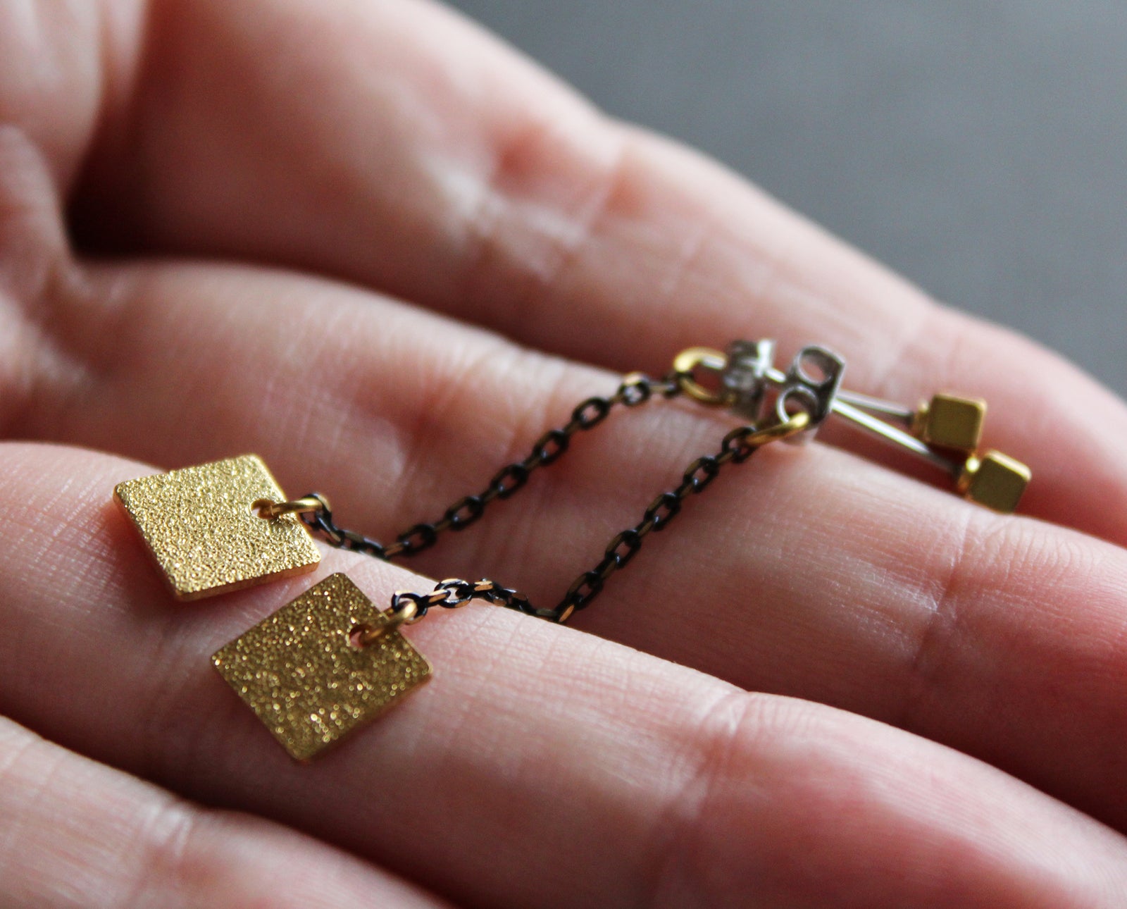 Ear jacket chain earrings, gold brass studs, handmade in Canada - Nea