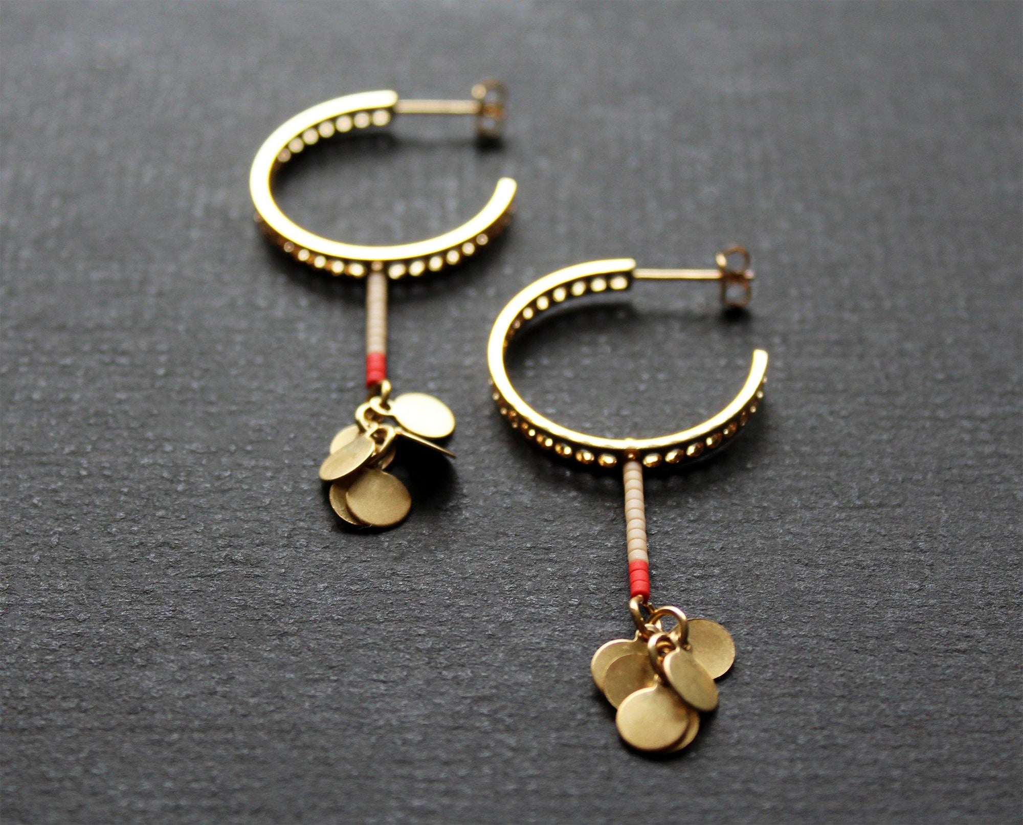 gold plated hoop earrings with dangle charm - handmade artisan Nea Jewelry