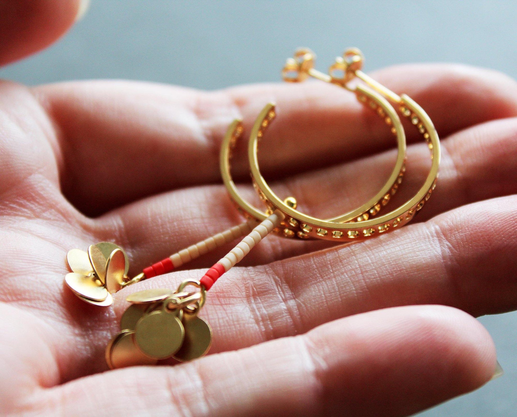 gold plated hoop earrings with dangle charm - handmade artisan Nea Jewelry