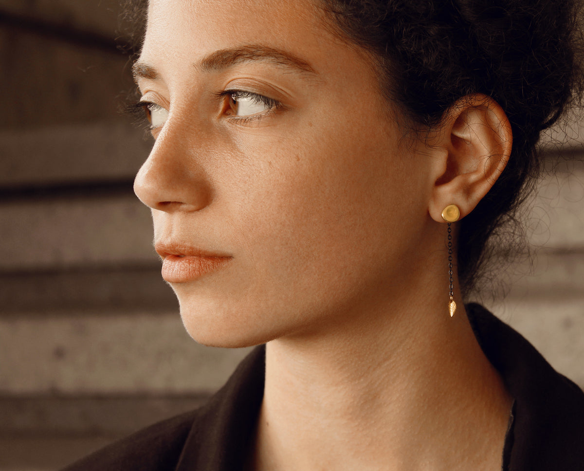 Tiny gold leaf dangle earrings - Handmade jewelry Nea design
