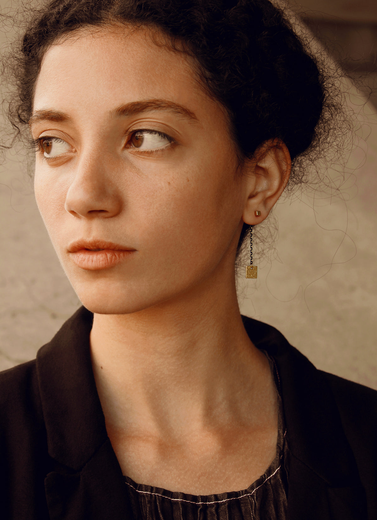 Ear jacket chain earrings, gold brass studs, handmade in Canada - Nea