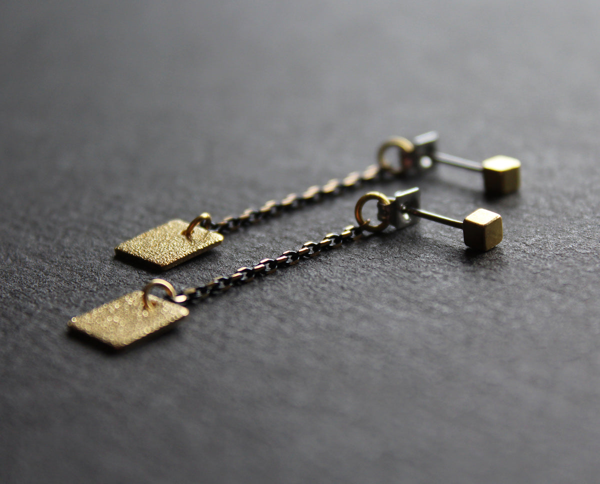 Ear jacket chain earrings, gold brass studs, handmade in Canada - Nea