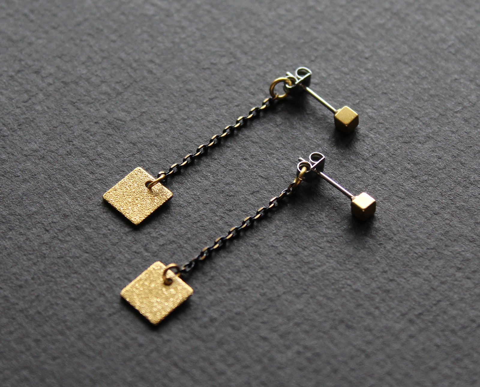 Ear jacket chain earrings, gold brass studs, handmade in Canada - Nea
