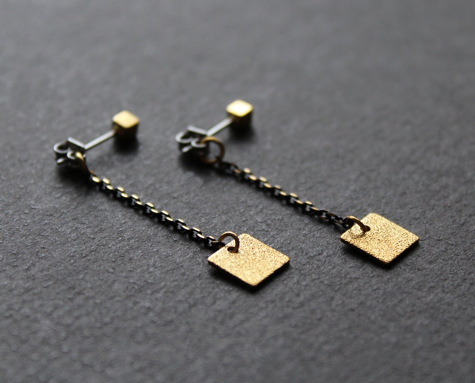 Ear jacket chain earrings, gold brass studs, handmade in Canada - Nea