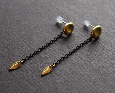 Tiny gold leaf dangle earrings - Handmade jewelry Nea design