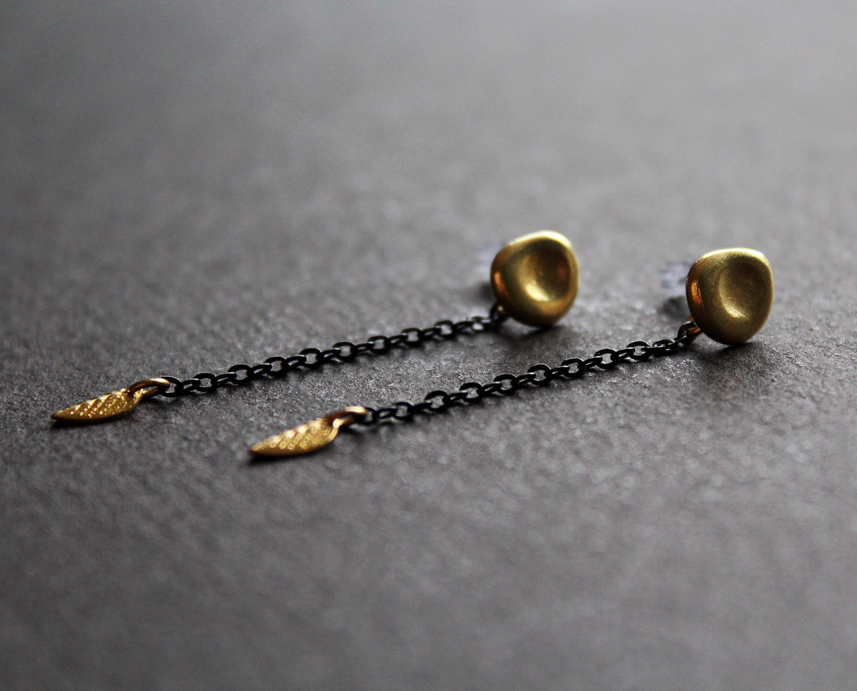 Tiny gold leaf dangle earrings - Handmade jewelry Nea design