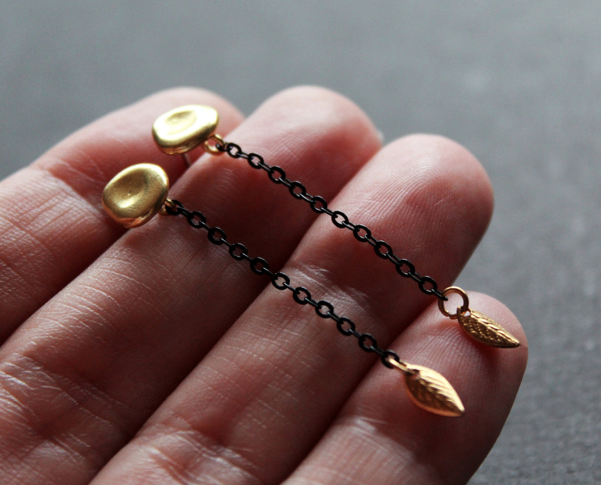 Tiny gold leaf dangle earrings - Handmade jewelry Nea design